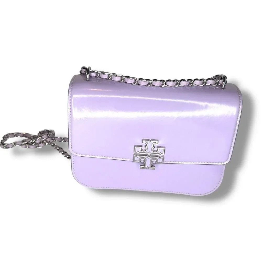 Tory Burch Purple Lavender Patent Leather Silver Logo Chain Britten Shoulder Bag